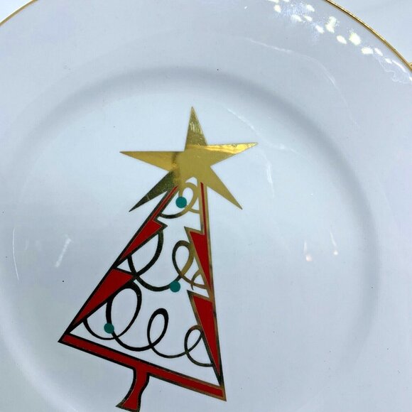 PIER ONE Christmas Tree Porcelain Dessert Plates Set of Four Vintage Red & Green - Picture 3 of 12